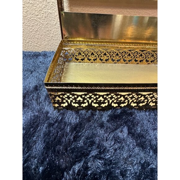 Vintage Ornate Gold Rectangular Metal Tissue Cover Box With Rose Hinged Lid - Picture 5 of 8